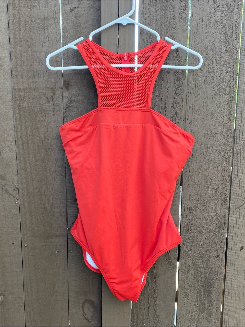 Carmen Marc Valvo mesh high-neck one-piece swimsuit in vibrant coral size 12